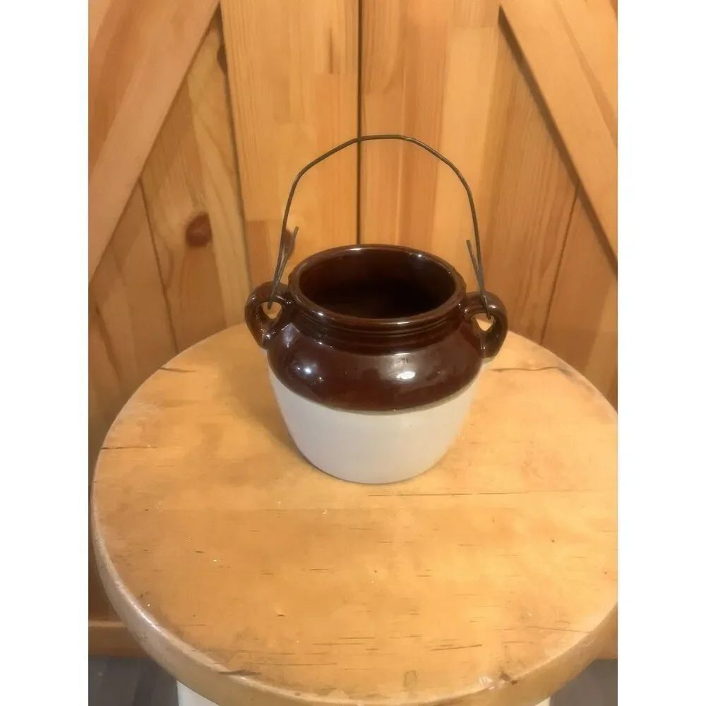 Vintage Bean Pot Ceramic Stoneware Crock Brown Cream Double Loop Handle (7543)